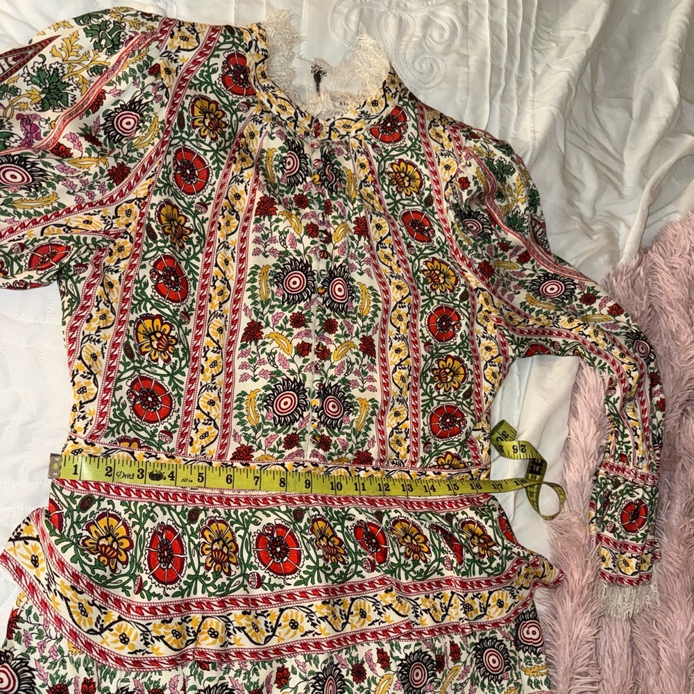 Alice + Olivia Lawson Floral Tiered Dress Green and Cream Mock Neck Dress Sz L - Picture 9 of 16